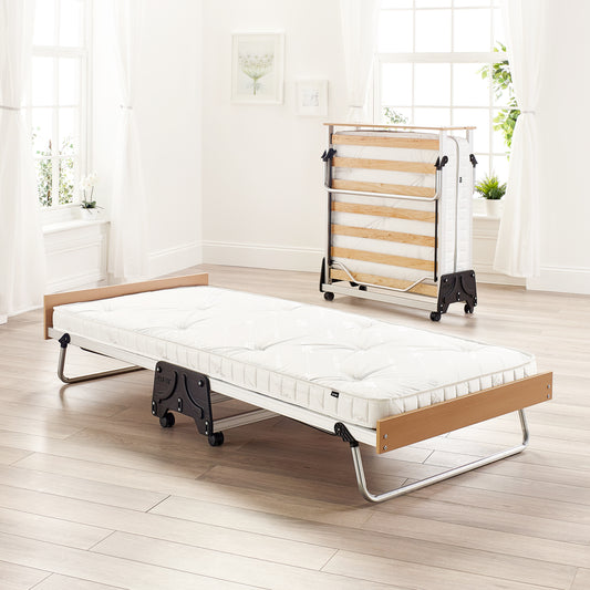 Two J-Bed Single Folding Beds with Anti-Allergy Micro e-Pocket Mattress. One is shown open and one is shown folded.